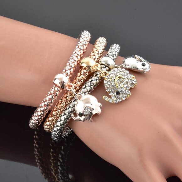 Set of 3 Braided Metal Charm Bracelets with Crystal Elephant Pendants - Picture 6 of 14
